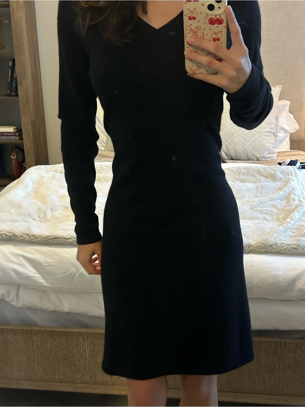 Bloomingdale's Black V-Neck Midi Knit Dress